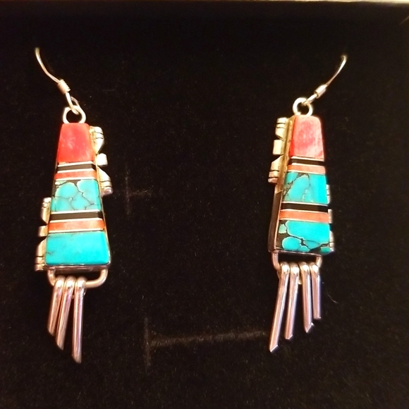 Genuine Spiny Oyster, Onyx, Turquoise and Sterling Silver Earrings. - Picture 1 of 4
